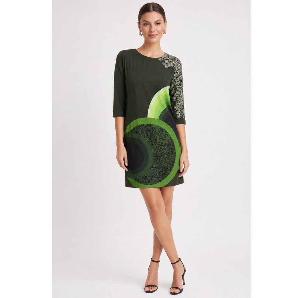 NWT Desigual Shift Dress Women Medium Olive Green Geometric Mandala Boho Art